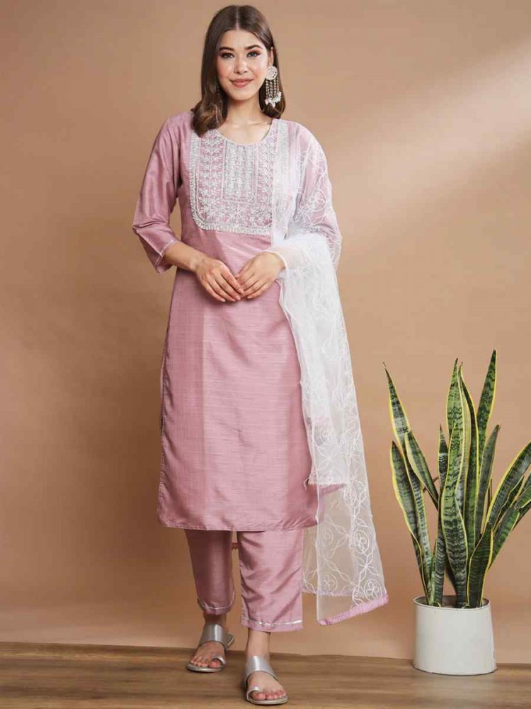 Baby Pink Cotton Silk Blend Embroidered Festival Casual Ready Pant Salwar Kameez