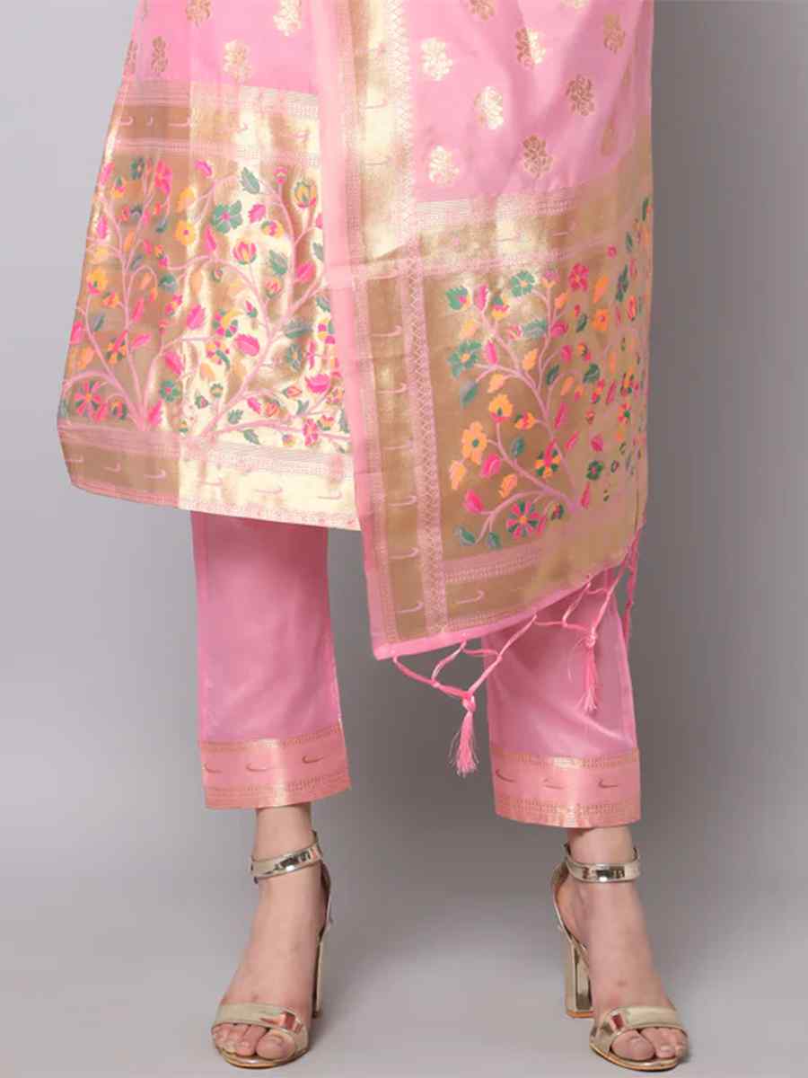 Baby Pink Cotton Silk Jacquard Handwoven Festival Mehendi Ready Pant Salwar Kameez