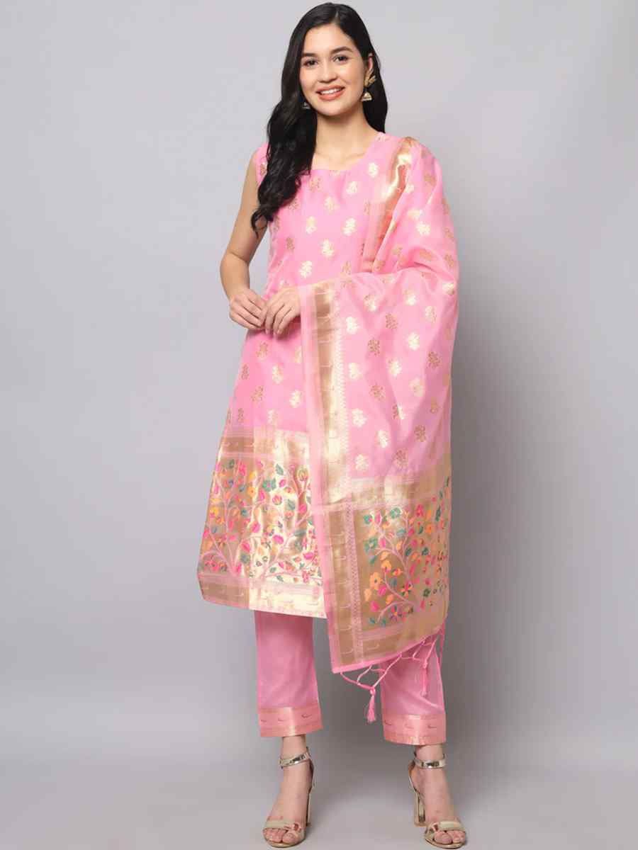 Baby Pink Cotton Silk Jacquard Handwoven Festival Mehendi Ready Pant Salwar Kameez