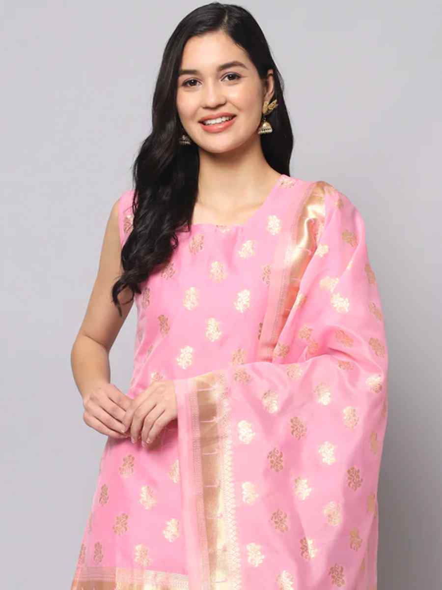 Baby Pink Cotton Silk Jacquard Handwoven Festival Mehendi Ready Pant Salwar Kameez