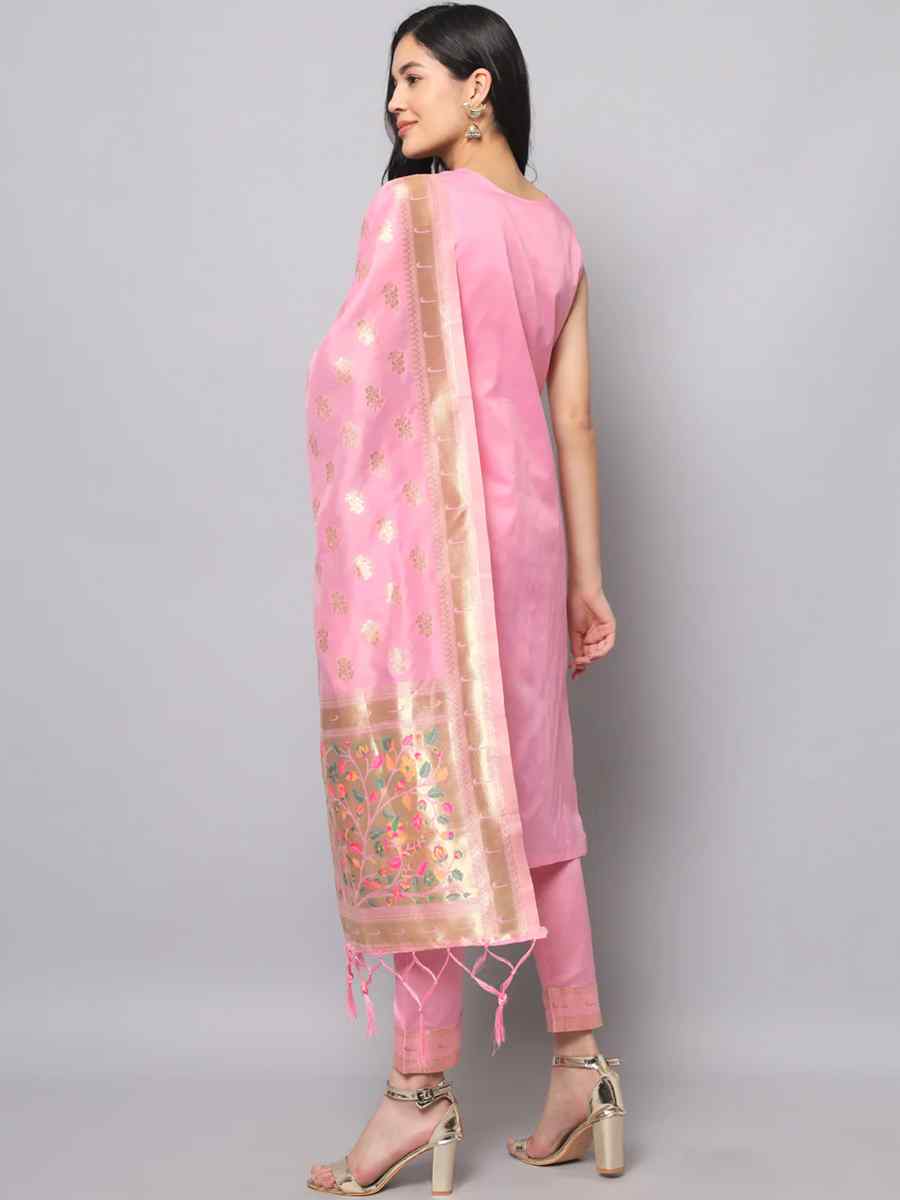 Baby Pink Cotton Silk Jacquard Handwoven Festival Mehendi Ready Pant Salwar Kameez