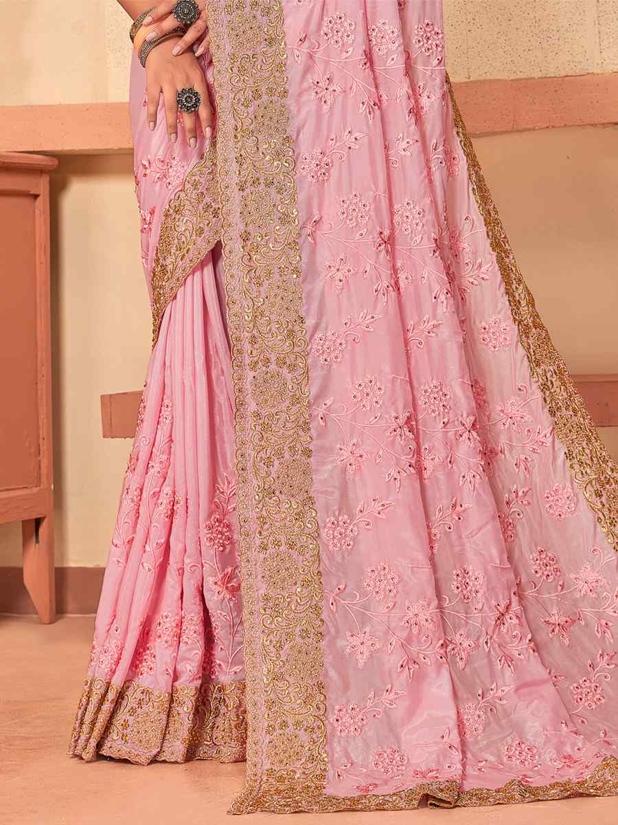 Baby Pink Crepe Silk Embroidered Wedding Party Heavy Border Saree