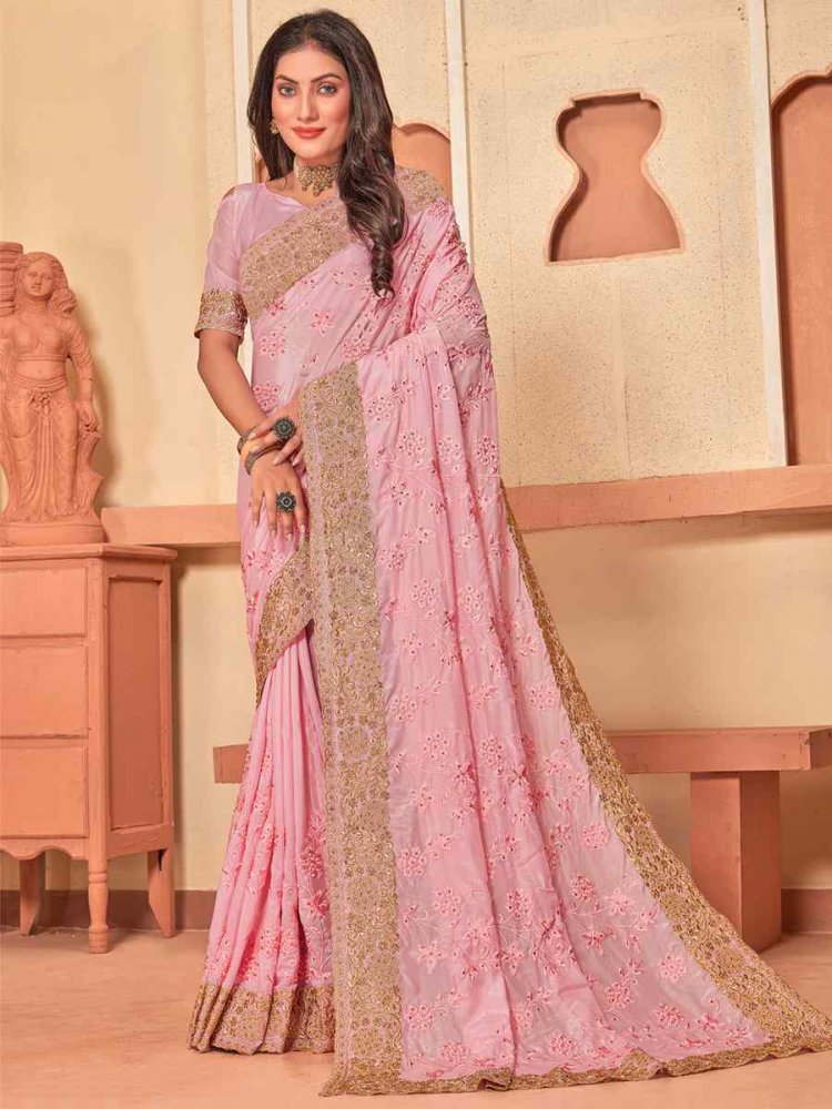 Baby Pink Crepe Silk Embroidered Wedding Party Heavy Border Saree