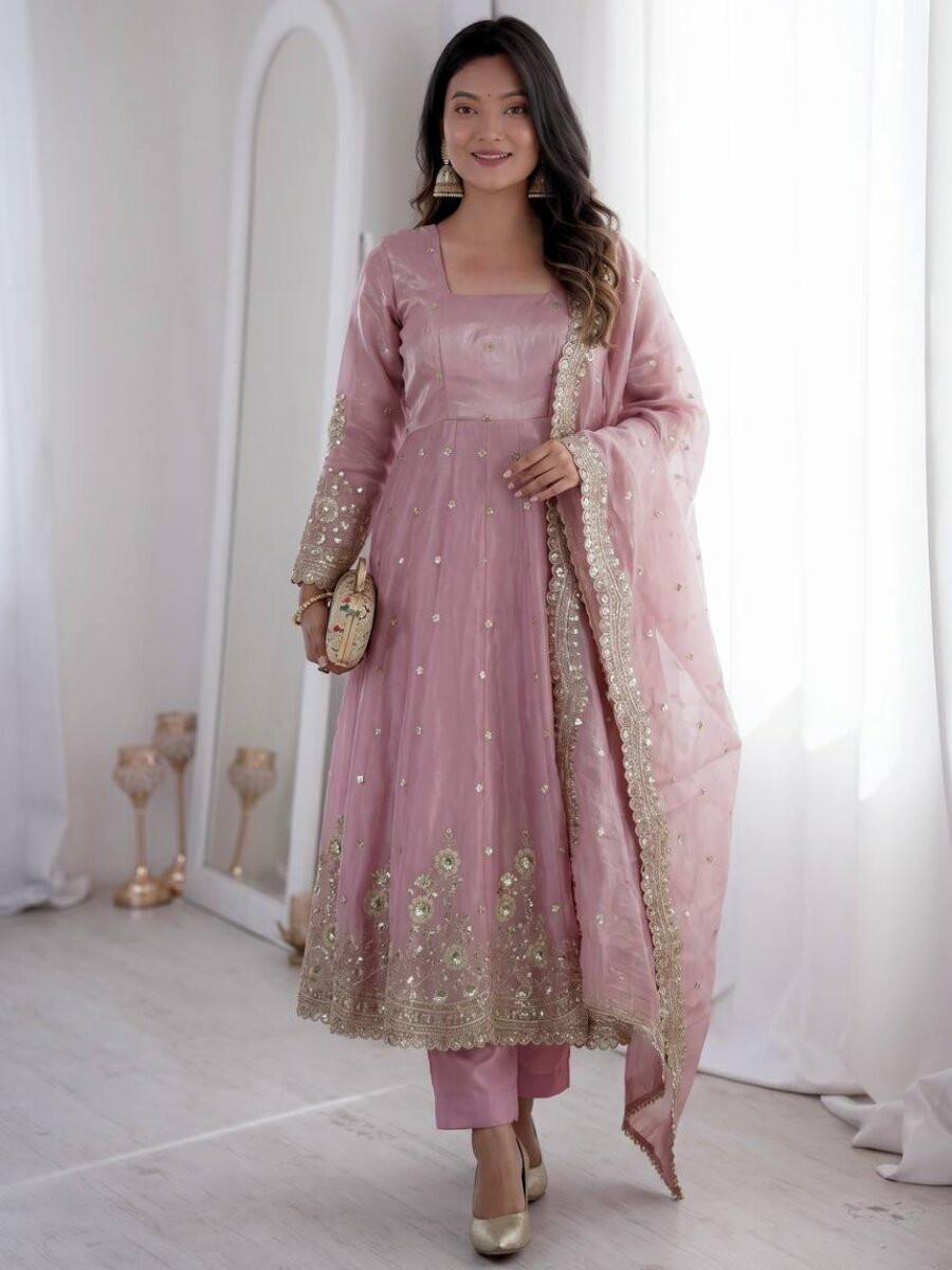 Baby Pink Fandy Silk Embroidery Sequins Zari Wedding Party Festival Casual Ready Anarkali Pant Salwar Kameez