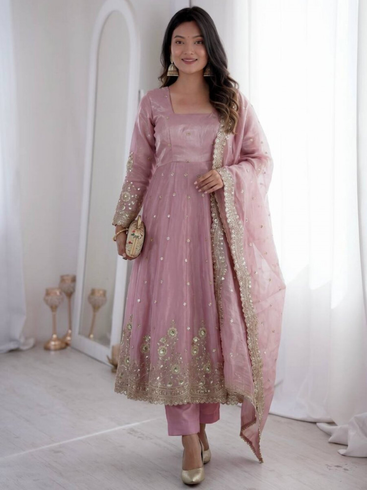 Image of Baby Pink Fandy Silk Embroidery Sequins Zari Wedding Party Festival Casual Ready Anarkali Pant Salwar Kameez