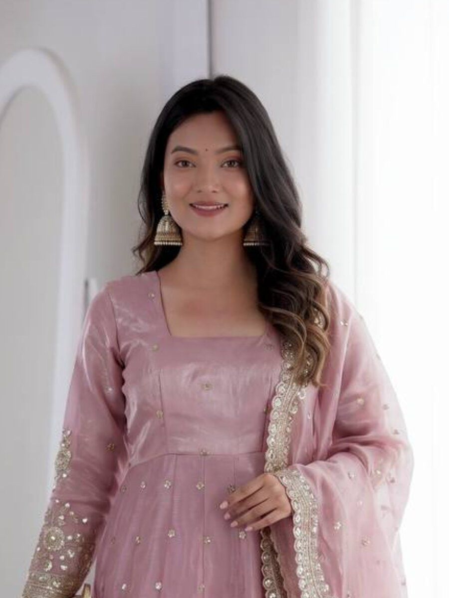 Baby Pink Fandy Silk Embroidery Sequins Zari Wedding Party Festival Casual Ready Anarkali Pant Salwar Kameez