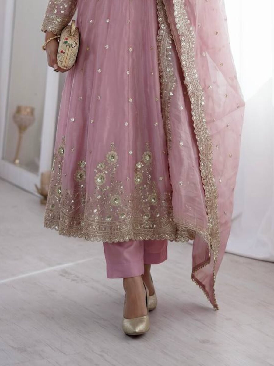 Baby Pink Fandy Silk Embroidery Sequins Zari Wedding Party Festival Casual Ready Anarkali Pant Salwar Kameez