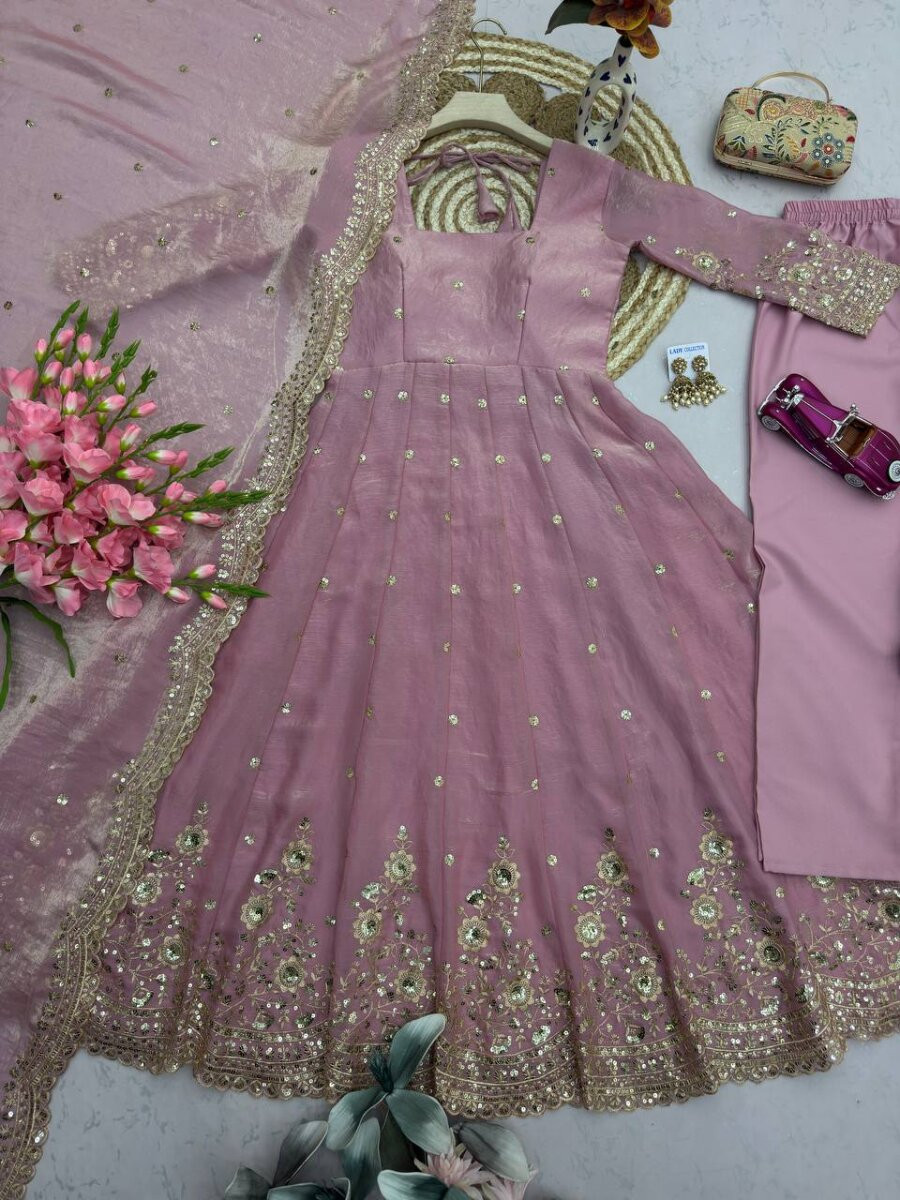 Baby Pink Fandy Silk Embroidery Sequins Zari Wedding Party Festival Casual Ready Anarkali Pant Salwar Kameez