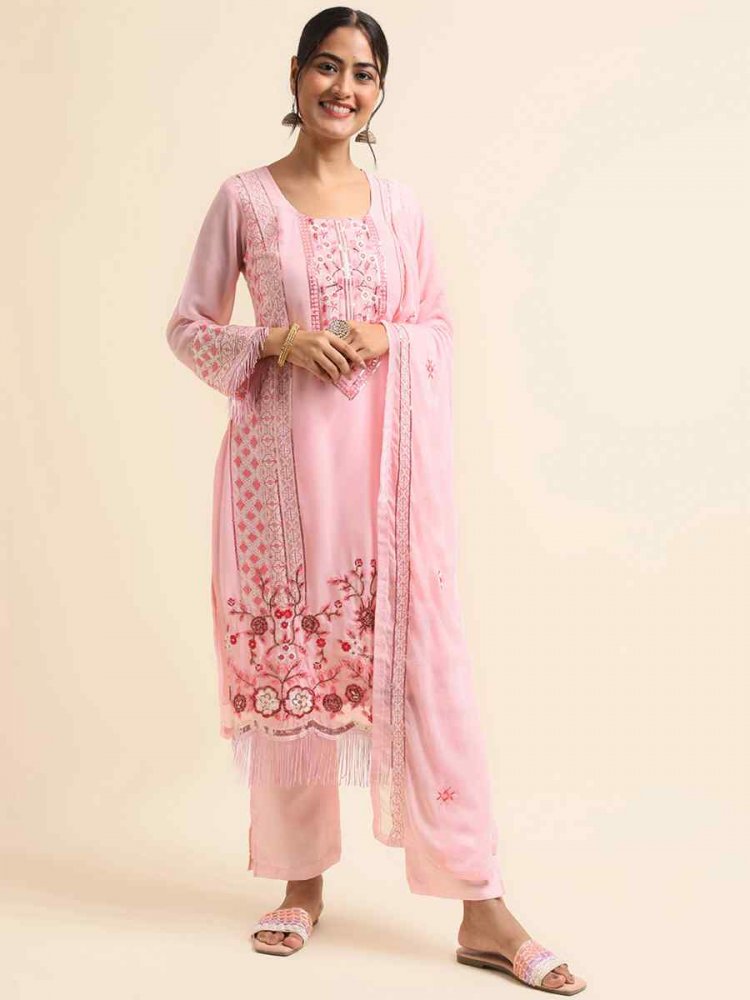Baby Pink Faux Georgette Embroidered Festival Party Pant Salwar Kameez