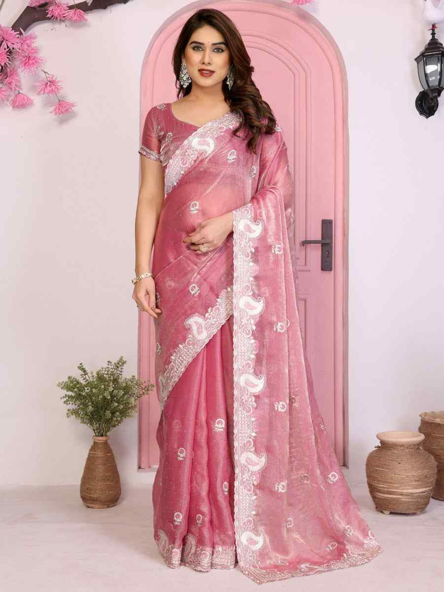 Baby Pink Fendy Chiffon Silk Embroidery Traditional Bridal Reception Festival Wedding Fancy Heavy Border Saree