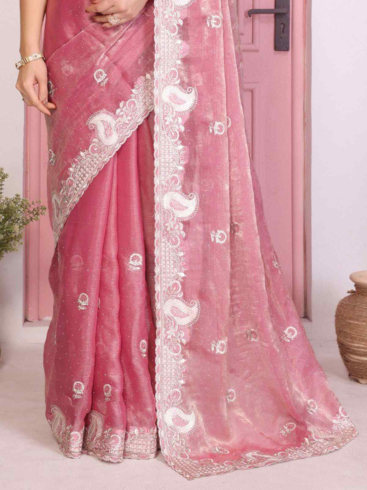 Baby Pink Fendy Chiffon Silk Embroidery Traditional Bridal Reception Festival Wedding Fancy Heavy Border Saree