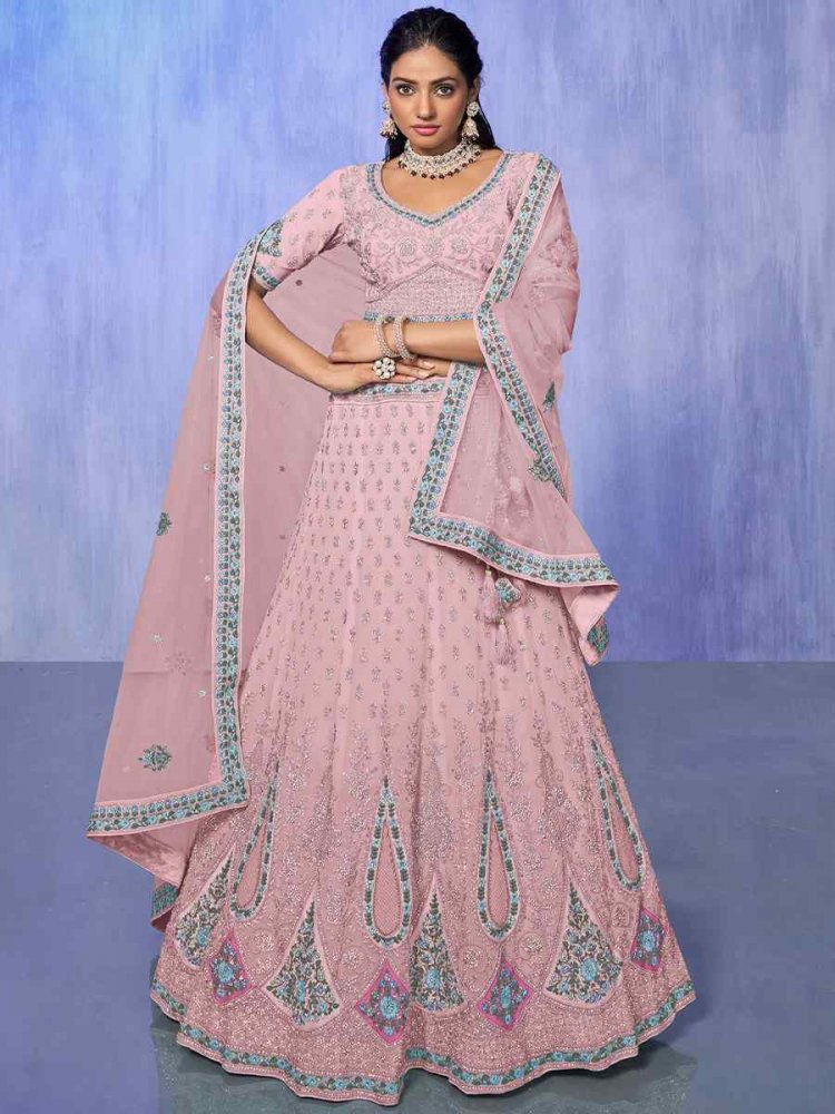 Baby Pink Georgette Embroidered Bridal Reception Heavy Border Lehenga Choli