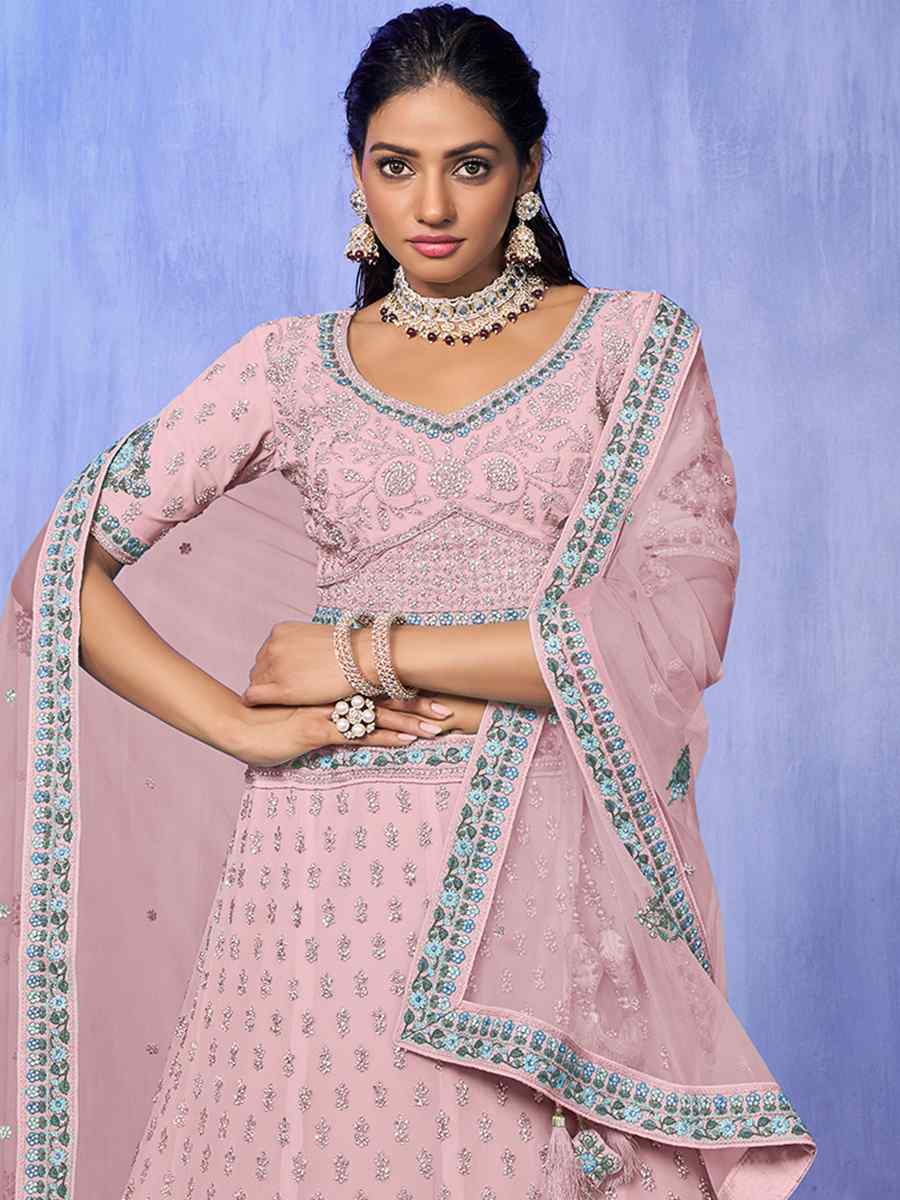 Baby Pink Georgette Embroidered Bridal Reception Heavy Border Lehenga Choli