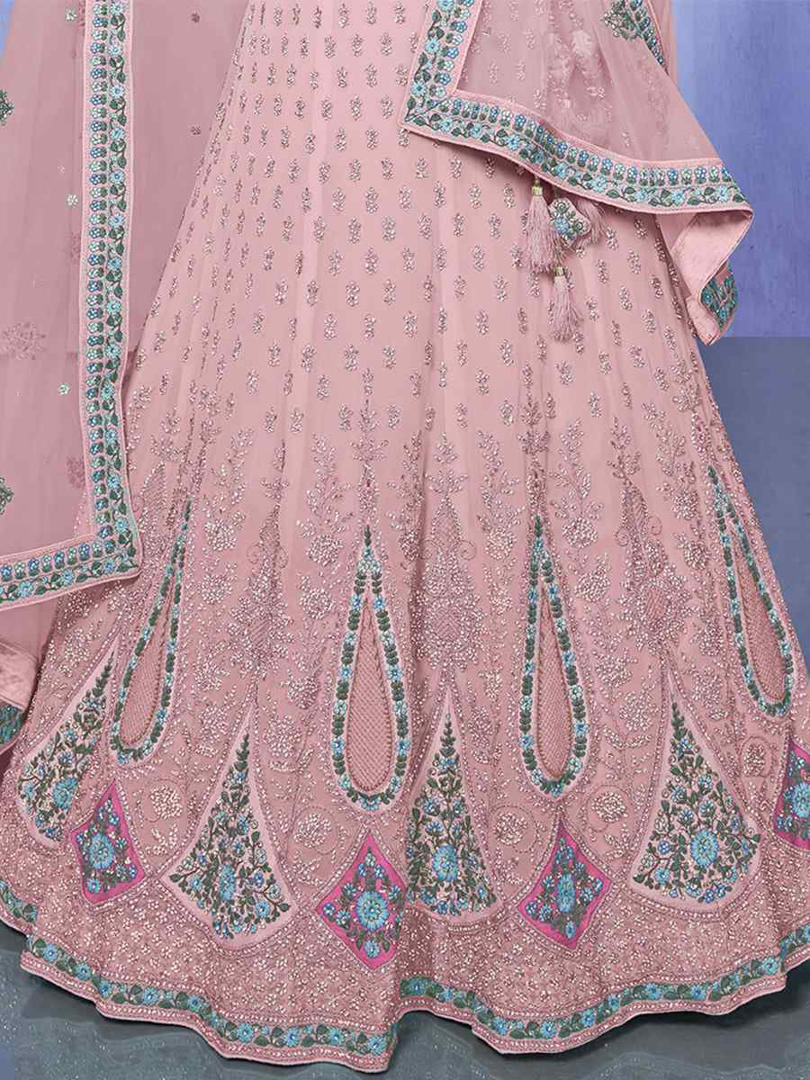 Baby Pink Georgette Embroidered Bridal Reception Heavy Border Lehenga Choli