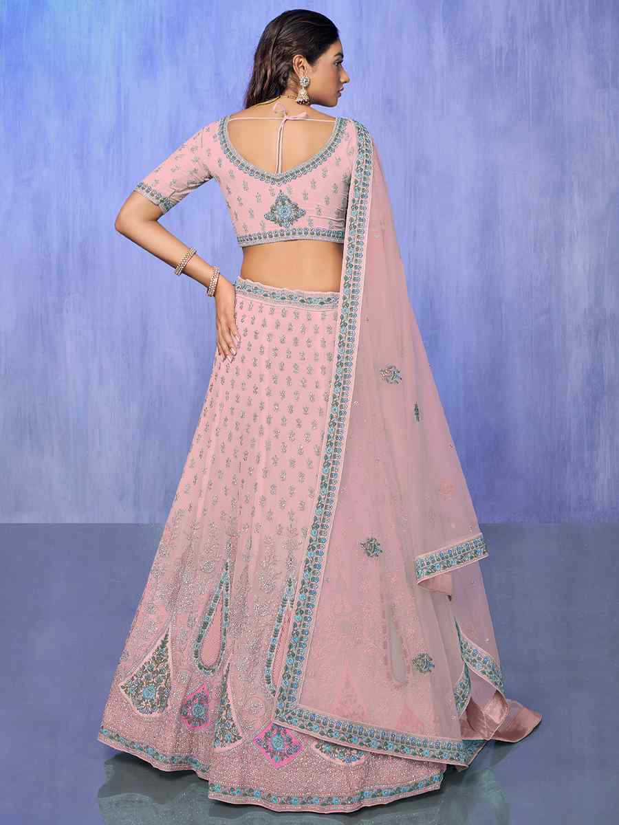 Baby Pink Georgette Embroidered Bridal Reception Heavy Border Lehenga Choli