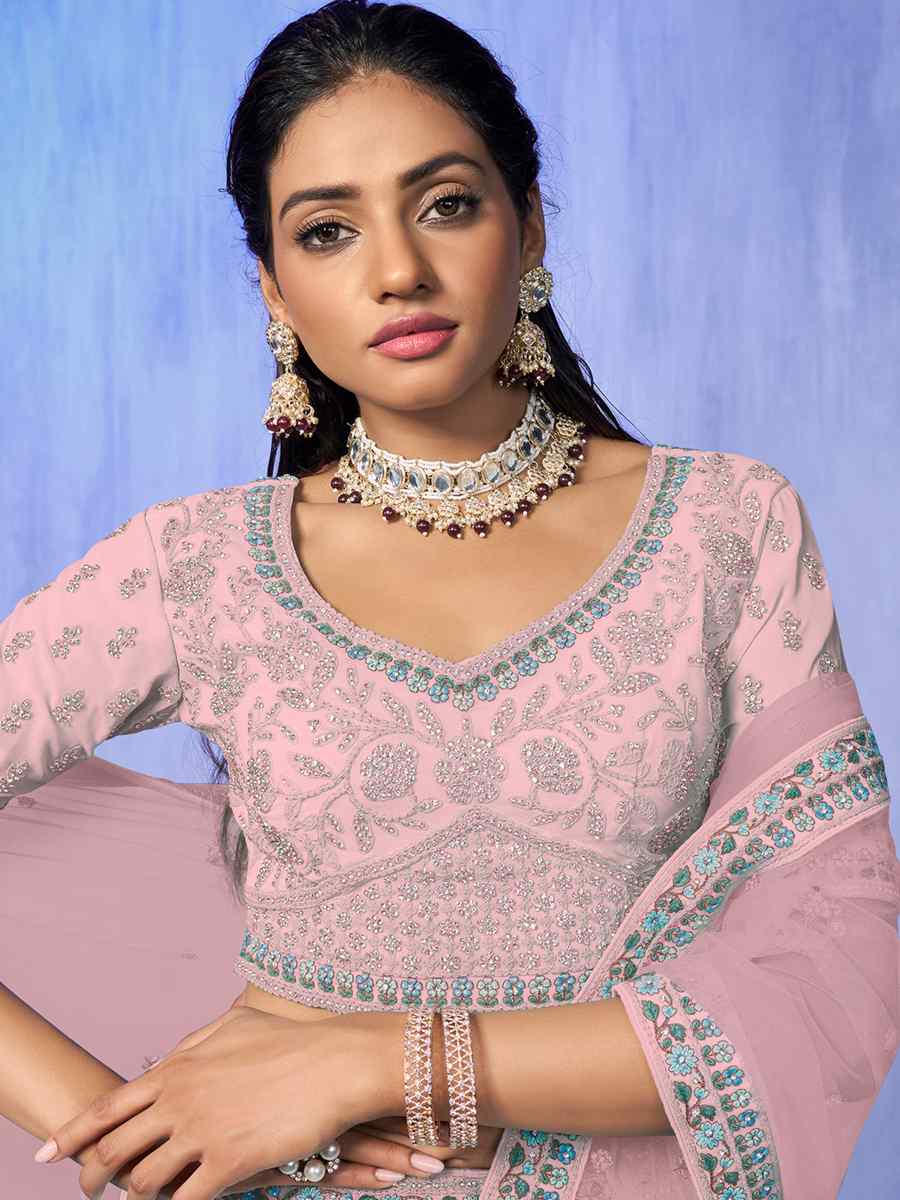 Baby Pink Georgette Embroidered Bridal Reception Heavy Border Lehenga Choli