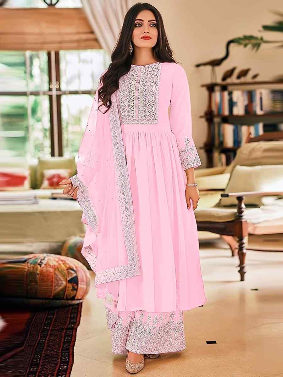 Baby Pink Georgette Embroidered Festival Casual Pant Salwar Kameez