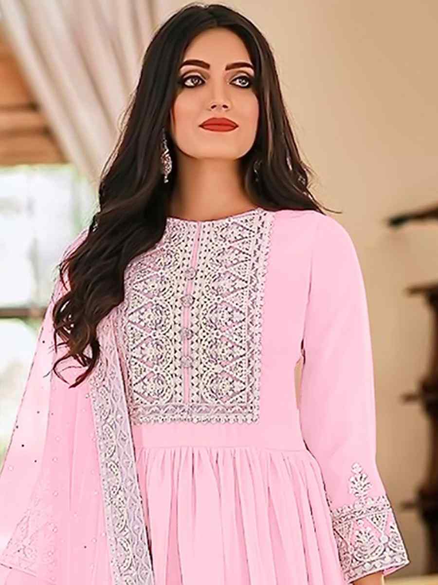 Baby Pink Georgette Embroidered Festival Casual Pant Salwar Kameez