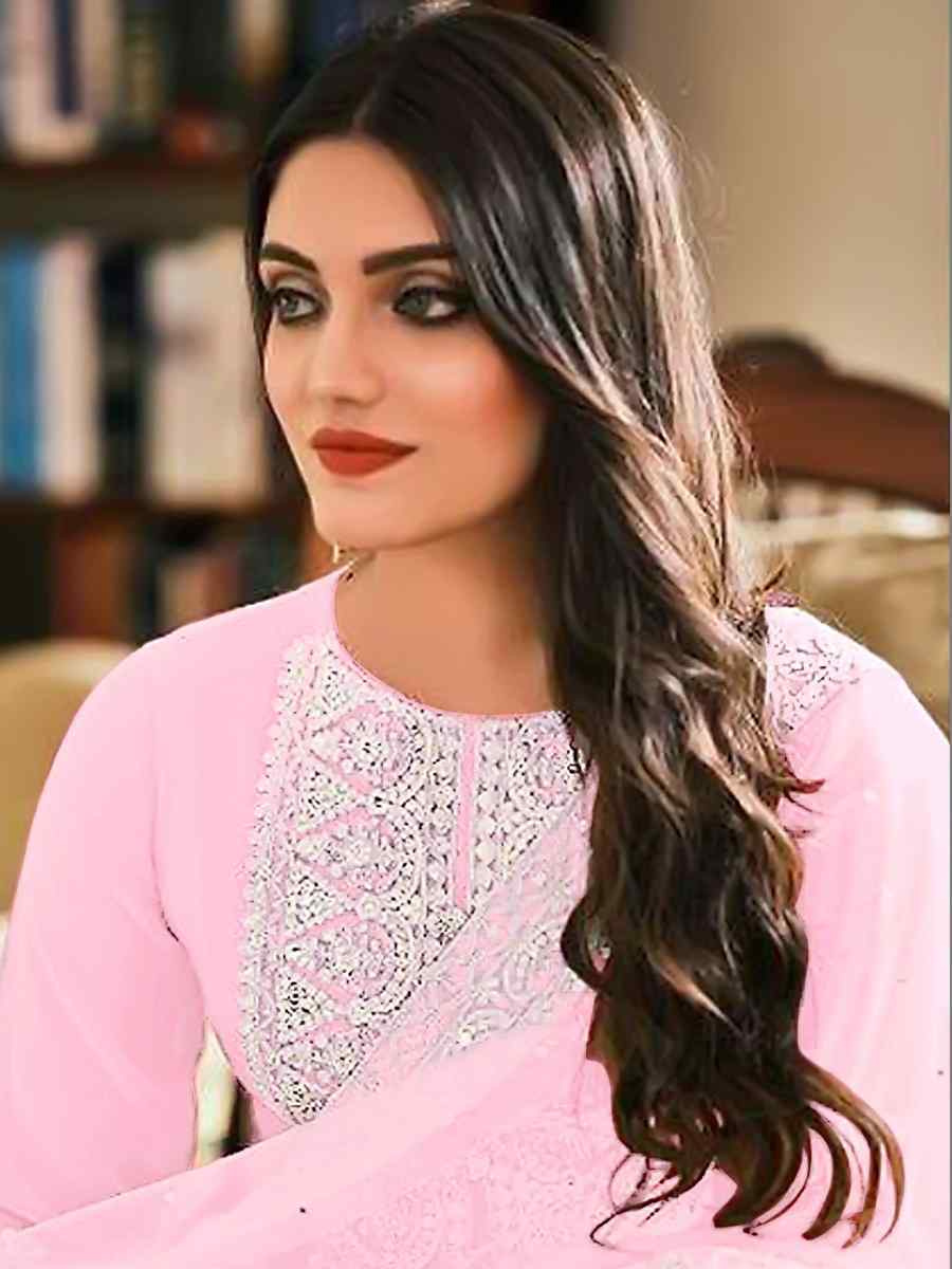 Baby Pink Georgette Embroidered Festival Casual Pant Salwar Kameez