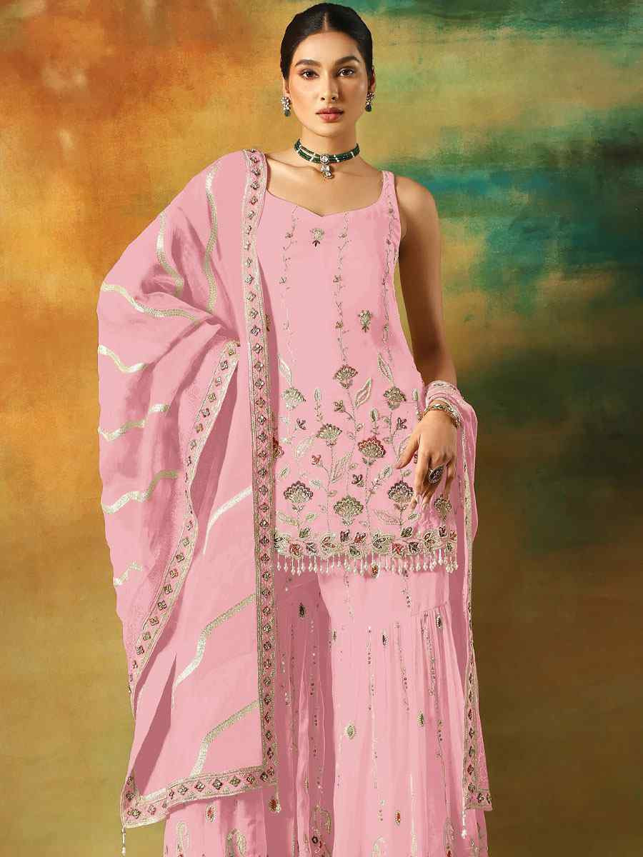 Baby Pink Georgette Embroidered Festival Wedding Sharara Pant Salwar Kameez