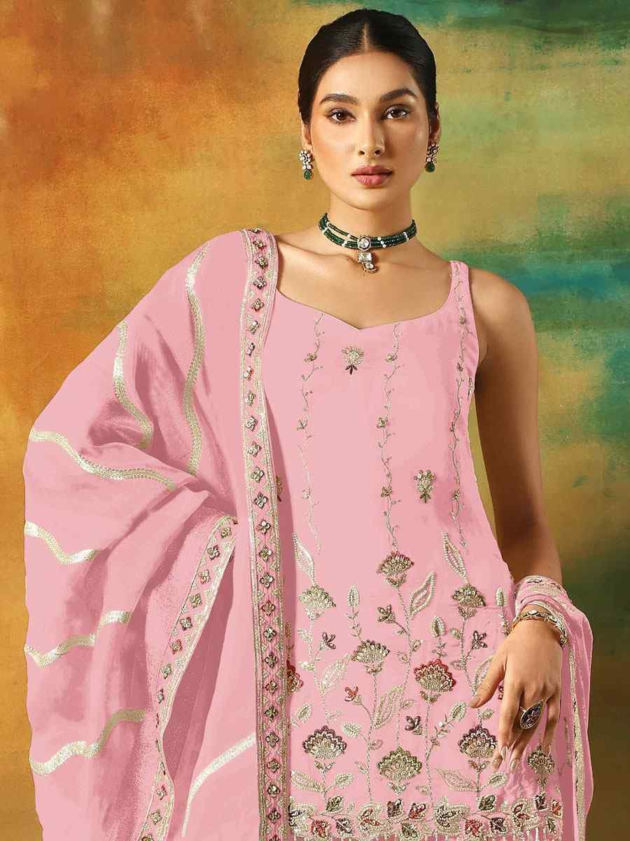 Baby Pink Georgette Embroidered Festival Wedding Sharara Pant Salwar Kameez