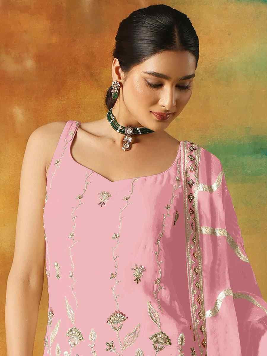 Baby Pink Georgette Embroidered Festival Wedding Sharara Pant Salwar Kameez