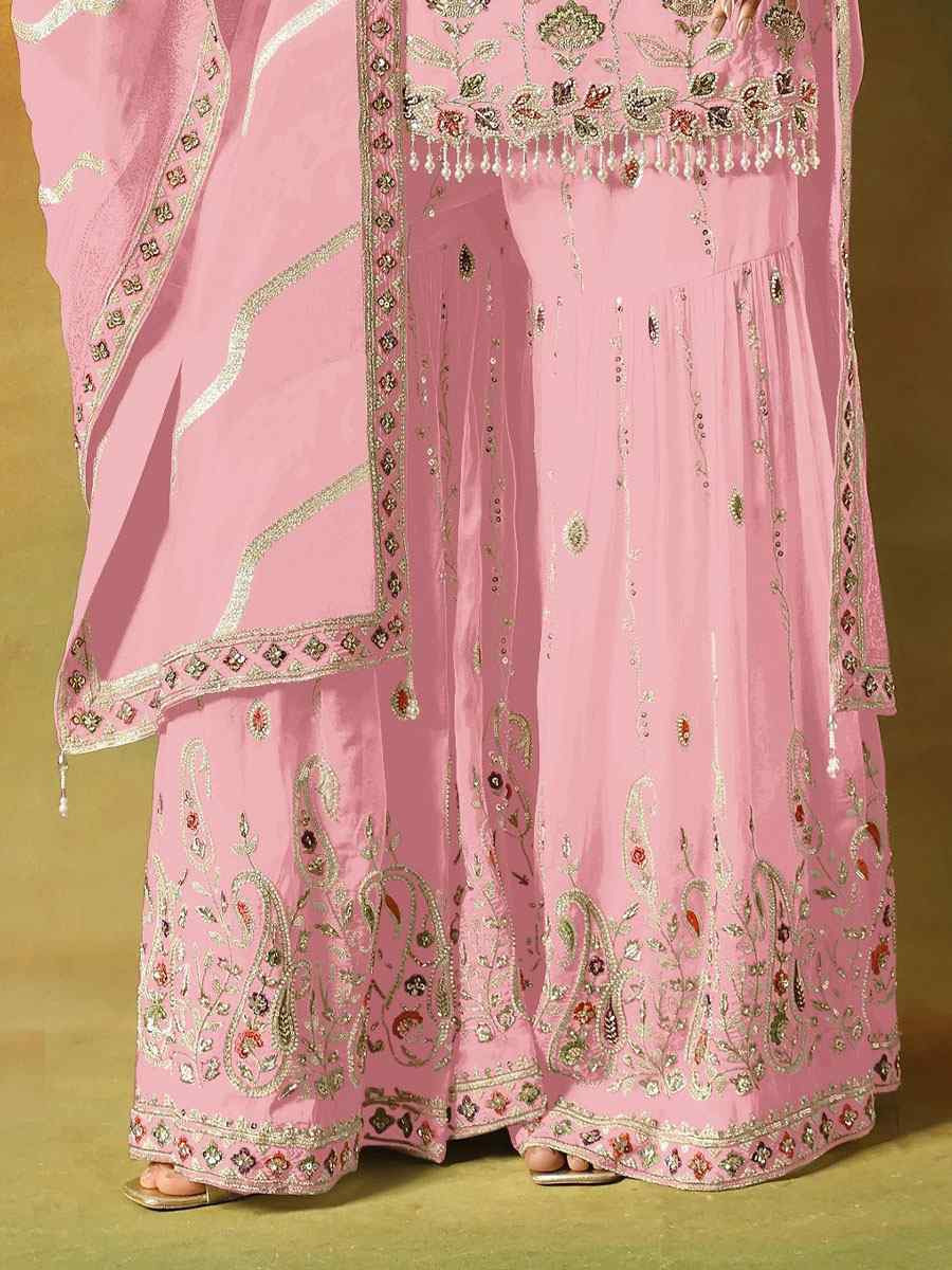 Baby Pink Georgette Embroidered Festival Wedding Sharara Pant Salwar Kameez