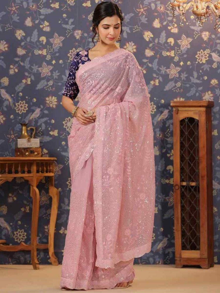 Baby Pink Georgette Embroidered Party Reception Heavy Border Saree