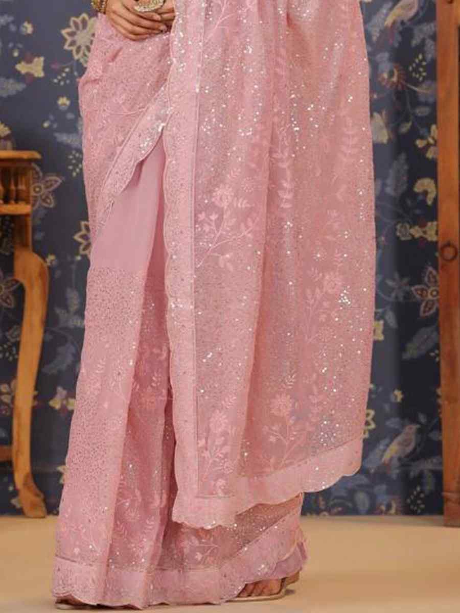 Baby Pink Georgette Embroidered Party Reception Heavy Border Saree