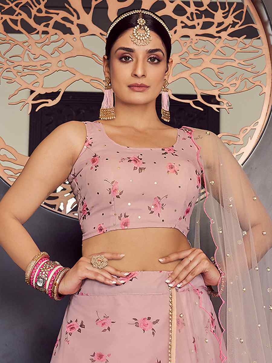 Baby Pink Georgette Printed Bridesmaid Reception Heavy Border Lehenga Choli