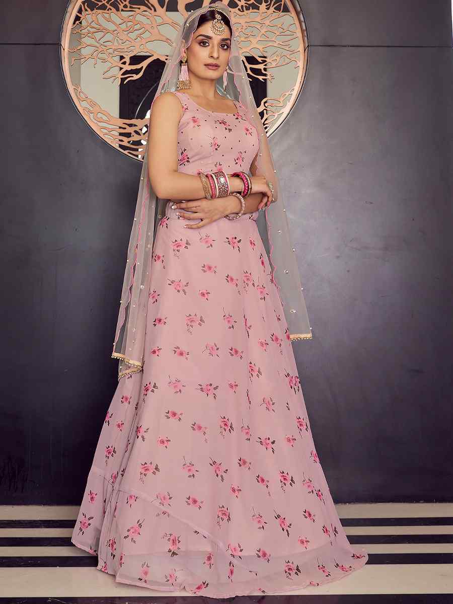 Baby Pink Georgette Printed Bridesmaid Reception Heavy Border Lehenga Choli