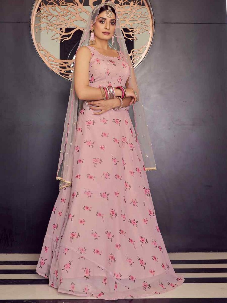 Baby Pink Georgette Printed Bridesmaid Reception Heavy Border Lehenga Choli