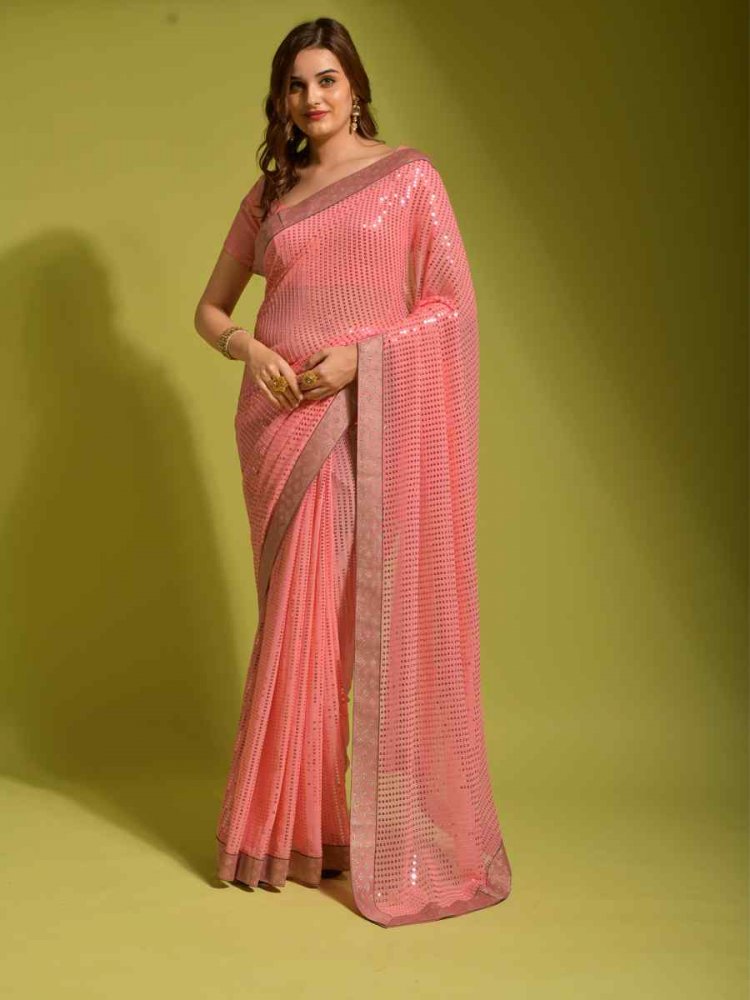 Baby Pink Georgette Sequins Cocktail Party Classic Style Saree