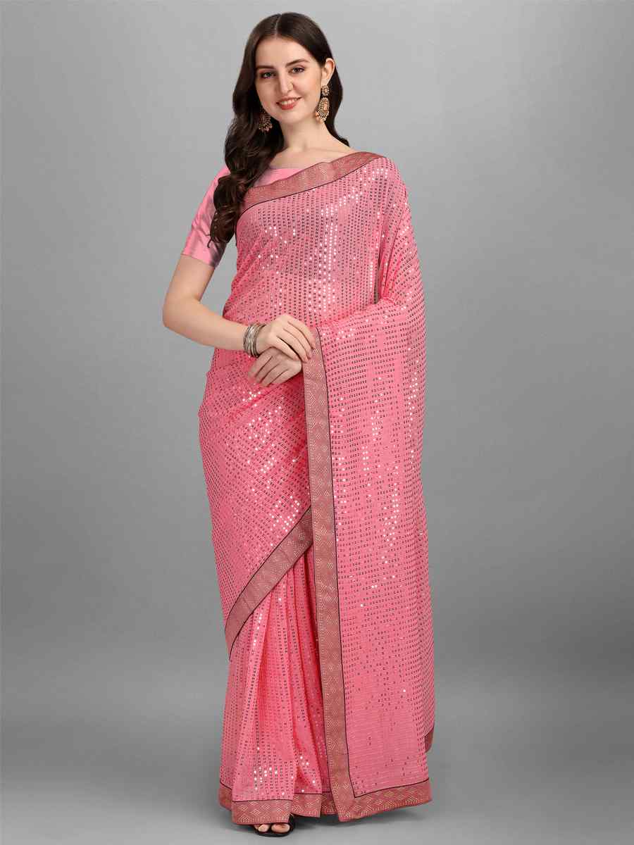 Baby Pink Georgette Sequins Party Festival Classic Style Saree