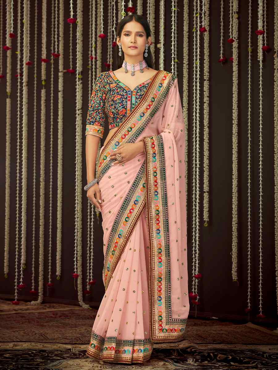Baby Pink Georgette Sequins Wedding Party Classic Style Saree