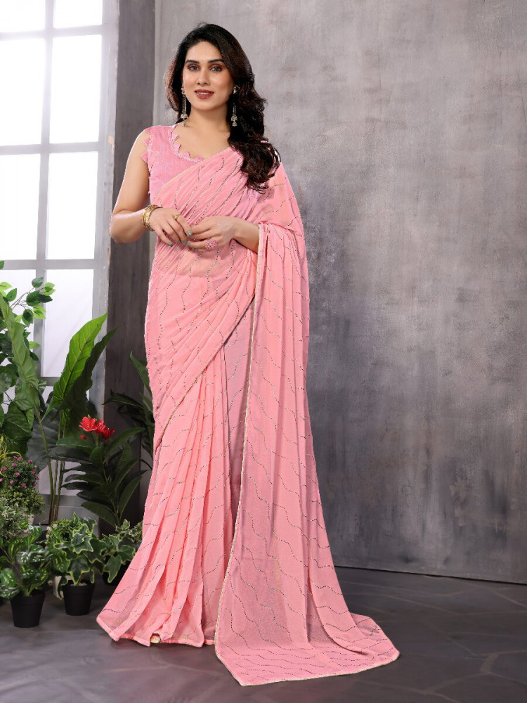 Image of Baby Pink Georgette Traditional Wedding Reception Party Festival Casual Classic Style Sarees