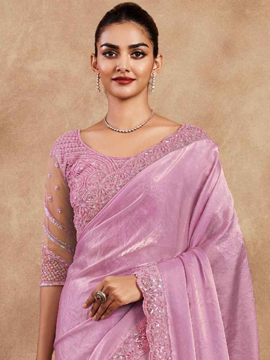 Baby Pink Gold Silk Embroidered Bridesmaid Reception Heavy Border Saree