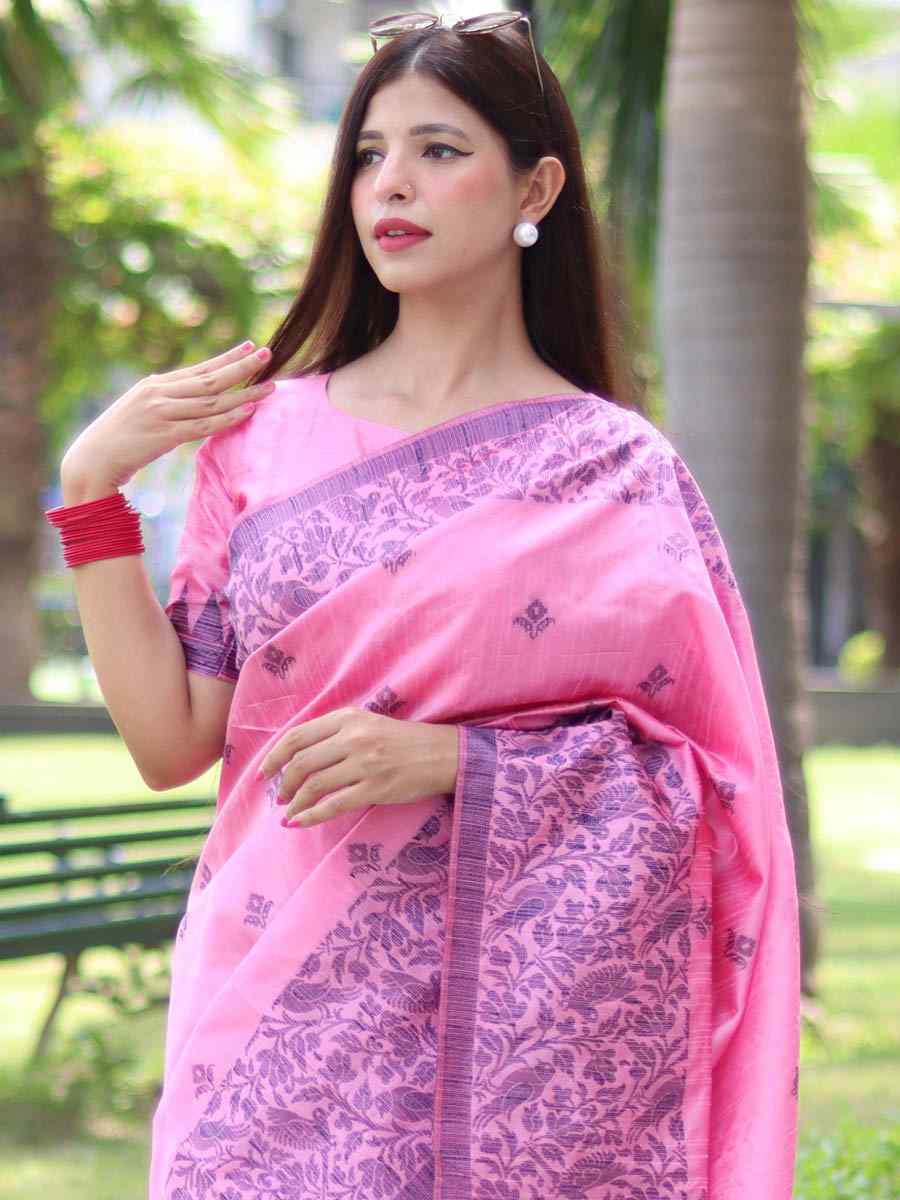 Baby Pink Handloom Raw Silk Handwoven Casual Festival Classic Style Saree