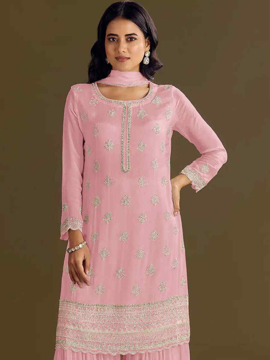 Baby Pink Heavy Chinon Embroidered Festival Wedding Sharara Pant Salwar Kameez