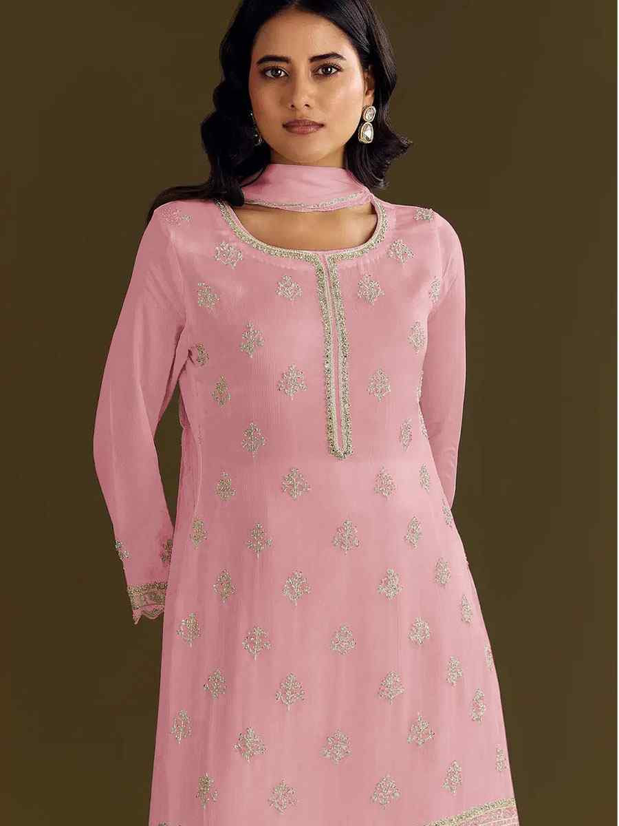 Baby Pink Heavy Chinon Embroidered Festival Wedding Sharara Pant Salwar Kameez