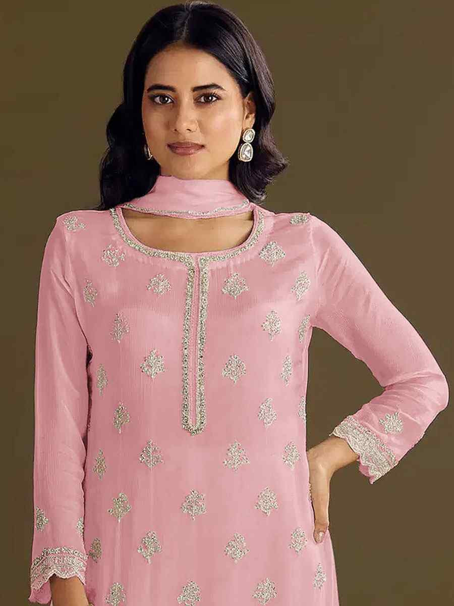 Baby Pink Heavy Chinon Embroidered Festival Wedding Sharara Pant Salwar Kameez
