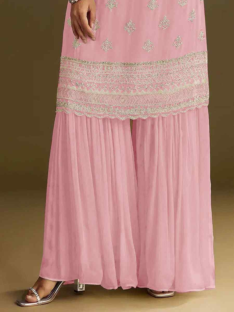 Baby Pink Heavy Chinon Embroidered Festival Wedding Sharara Pant Salwar Kameez