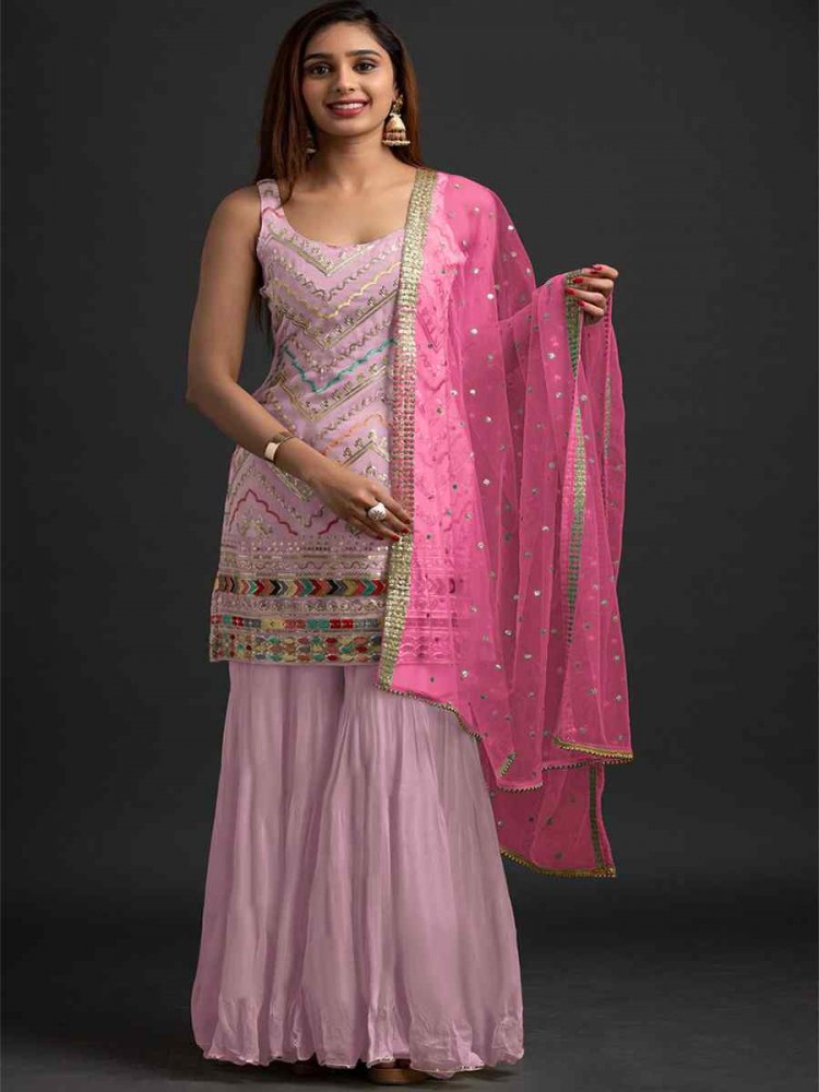Baby Pink Heavy Faux Georgette Embroidered Festival Mehendi Palazzo Pant Salwar Kameez