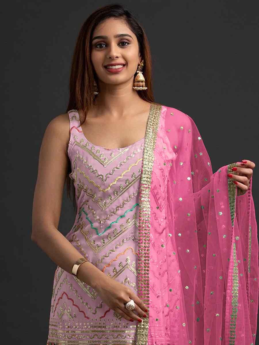 Baby Pink Heavy Faux Georgette Embroidered Festival Mehendi Palazzo Pant Salwar Kameez