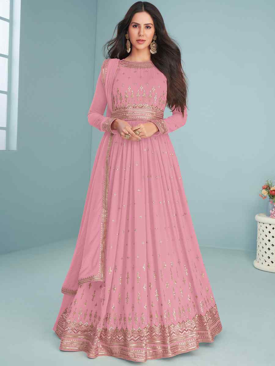 Baby Pink Heavy Faux Georgette Embroidered Festival Wedding Anarkali Salwar Kameez