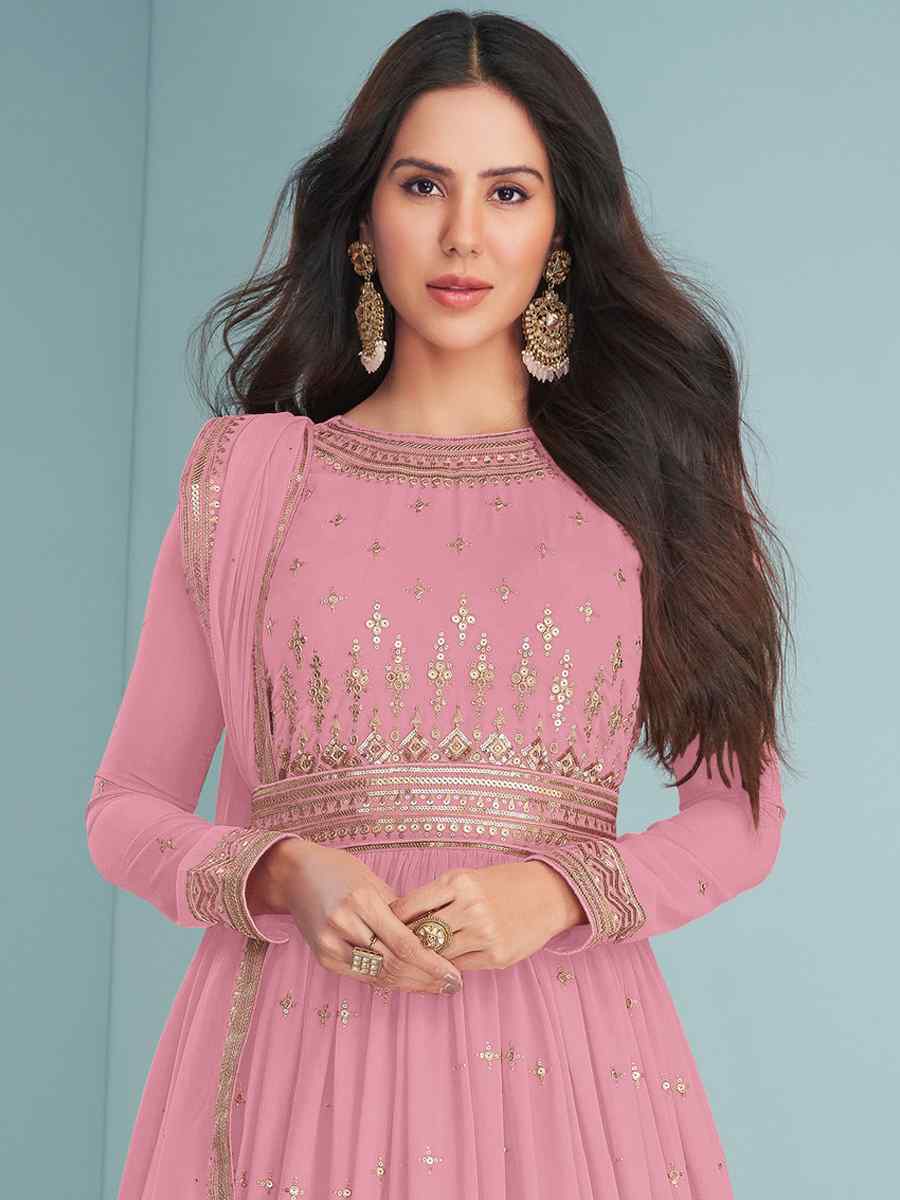 Baby Pink Heavy Faux Georgette Embroidered Festival Wedding Anarkali Salwar Kameez