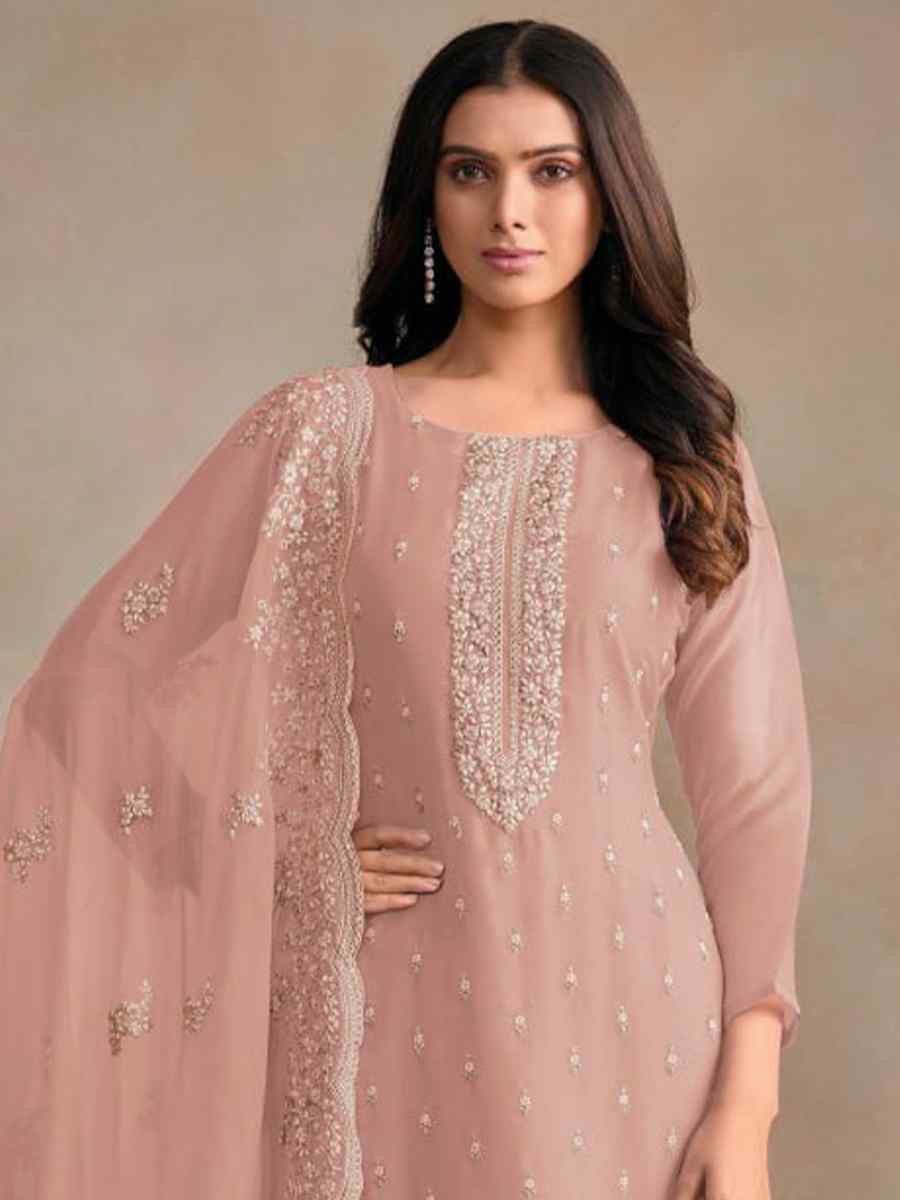 Baby Pink Heavy Orgnza Silk Embroidered Festival Casual Pant Salwar Kameez