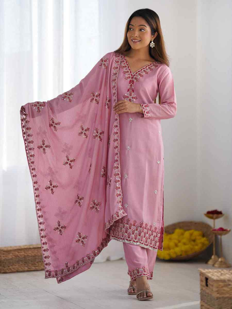Baby Pink Heavy Pure Chinon Silk Embroidered Party Wedding Ready pant Salwar Kameez