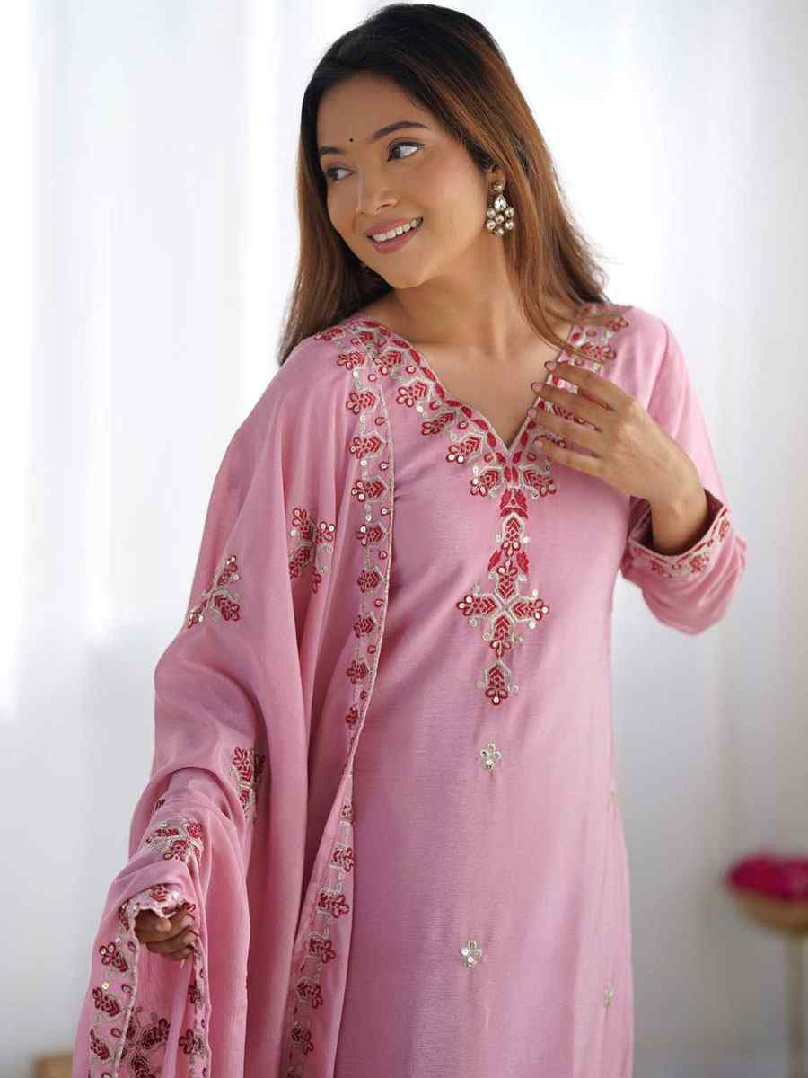 Baby Pink Heavy Pure Chinon Silk Embroidered Party Wedding Ready pant Salwar Kameez