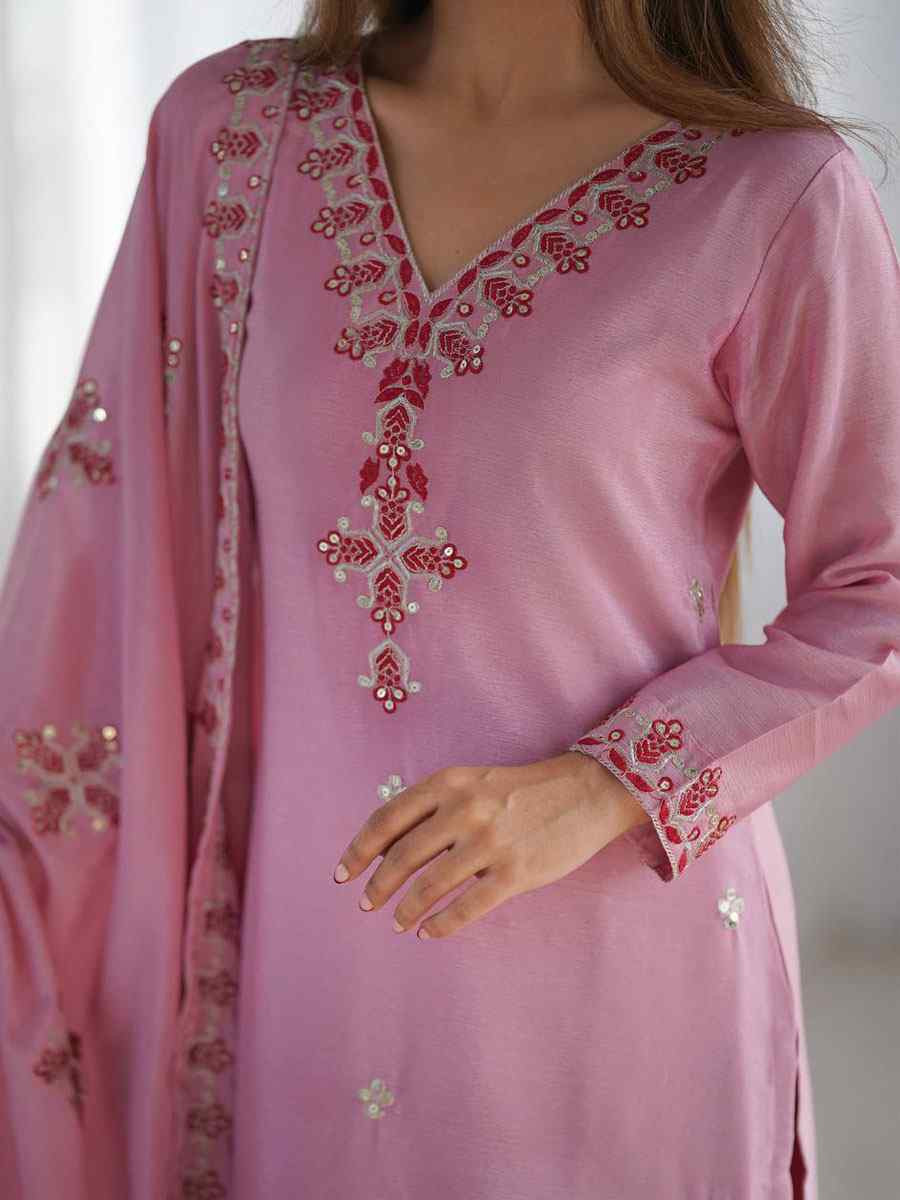 Baby Pink Heavy Pure Chinon Silk Embroidered Party Wedding Ready pant Salwar Kameez